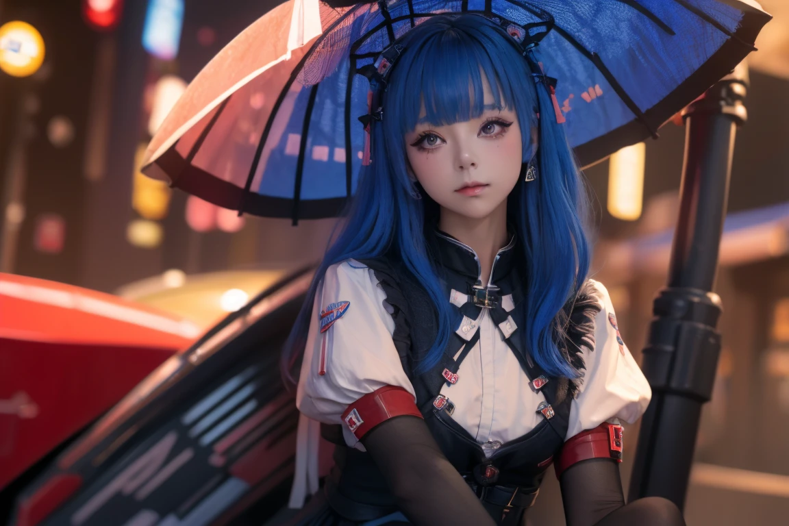 (high resolution)(dutch angle)(embarrassed),、Beautiful Bangs)(Night cityscape） VERY BEAUTIFUL SWEDISH BEAUTIFUL GIRL、 Shiny, Shiny, Shiny Skin 、embarrassed,、Beautiful Bangs、Very long, straight, silky, beautiful cobalt blue hair 、 wavy hair in front of the station、 eyeliner 、 small face、Large、 Shining beautifully、 clear marine blue eyes 、 Beautiful Bright Girl 、( leotard、 stockings、heel、Parasol）Candy red Cadillac