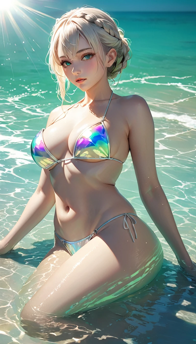 a 45 y.o girl in a iridescent foil micro bikini, ((kpop idol)), (aegyo sal:1), huge breasts, bare butts, platinum pink short ponytail, pale skin, ((puffy eyes)), looking at viewer, heterochromia eye, mole below eye, thick eyebrows, freckles, small waist, wide thighs, thigh gap, beach, coastline, wind, waves, 8k uhd, dslr, soft lighting, high quality, best quality, ultra high res, (photorealistic:1.4), film grain, Fujifilm XT3,