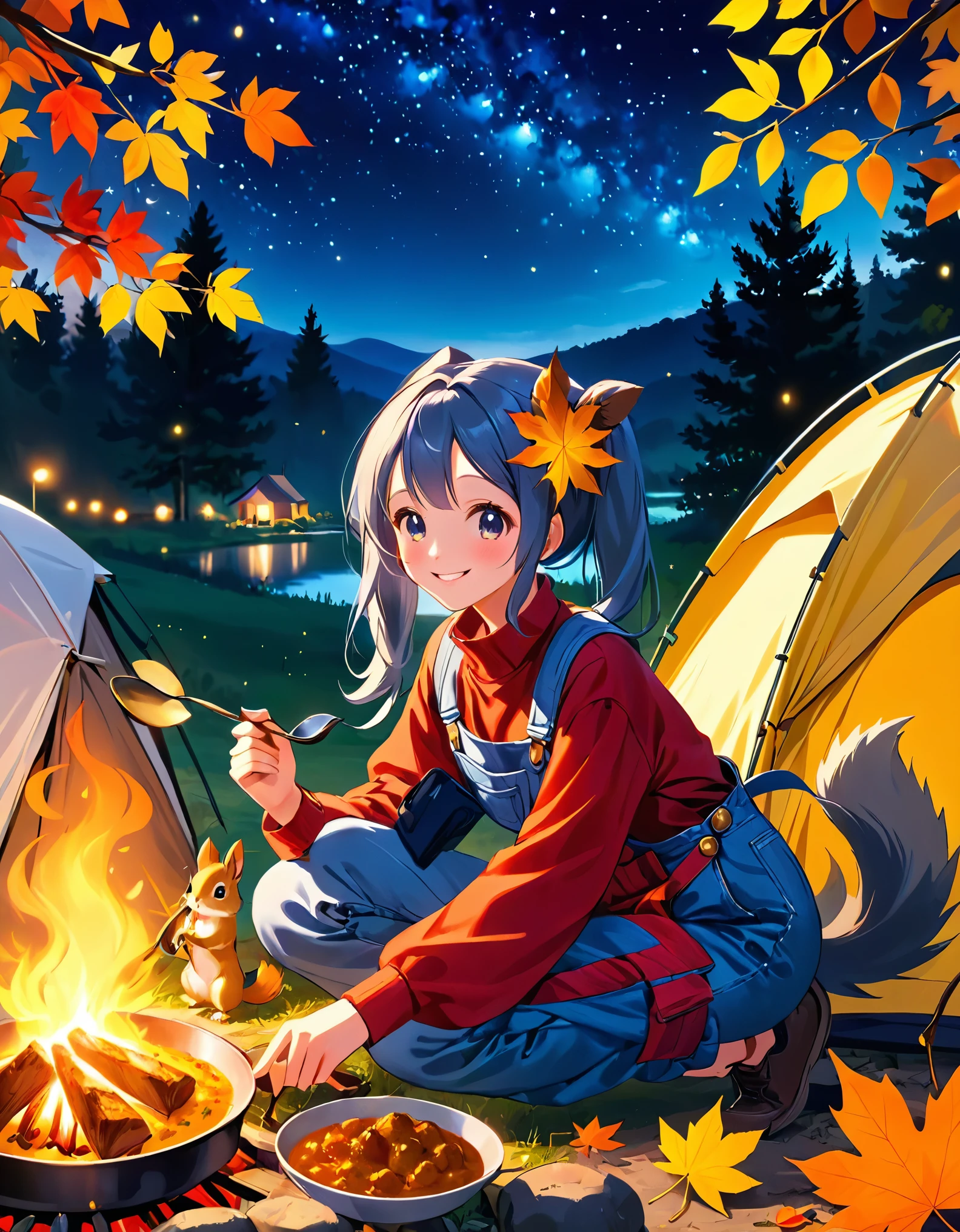  light blue long hair、Pretty Girl with Twin Tails and Chibi Characters、Cute denim coveralls 、Autumn leaves campsite 、 with little characters 、I'm making curry、 little characters are watching with a smile、 squirrels are gathering 、Moonlit Night、The starry sky is beautiful