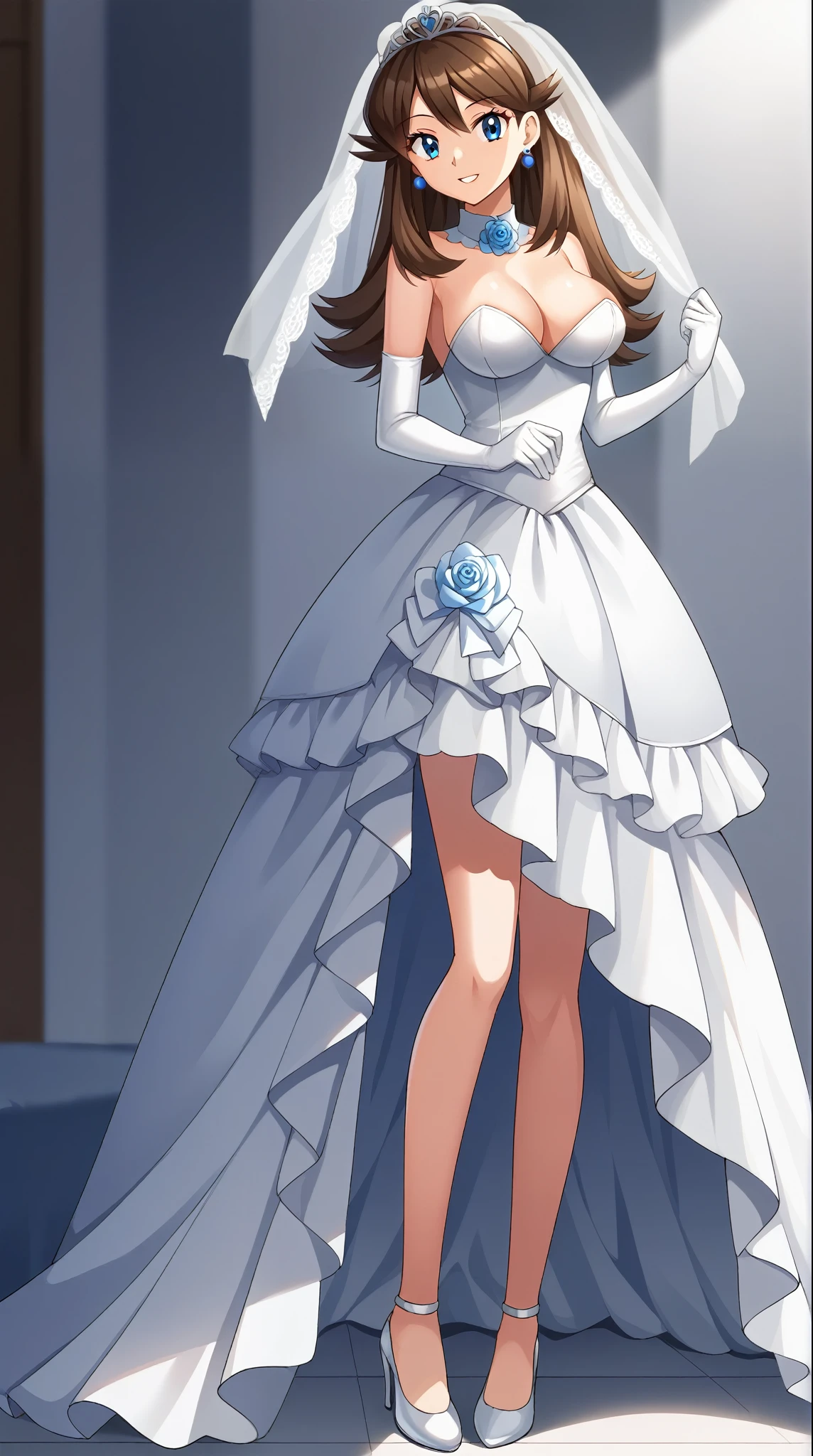   score_9,  score_8_Excellent,  score_7_Excellent,  score_6_Excellent, Best Quality, sauce_Anime,  Cell Shading ,  flat color, vector,  detailed background, indoor, indoor, bed, indoor, Break 1 Girl, Alone, (\ Pokémon\), Brown Hair, Long Hair,  blue eyes ,  Wedding Veils , Ample breasts,  Viewers, 1 Female , Age 18, whole body,  Slim Body , smile, White high heels,  seductive smile , 色っぽいsmile, barefoot, White wedding dress,  place one hand on your waist ,  standing , tall, Wedding Venues,  white wedding gloves,  blue earrings,