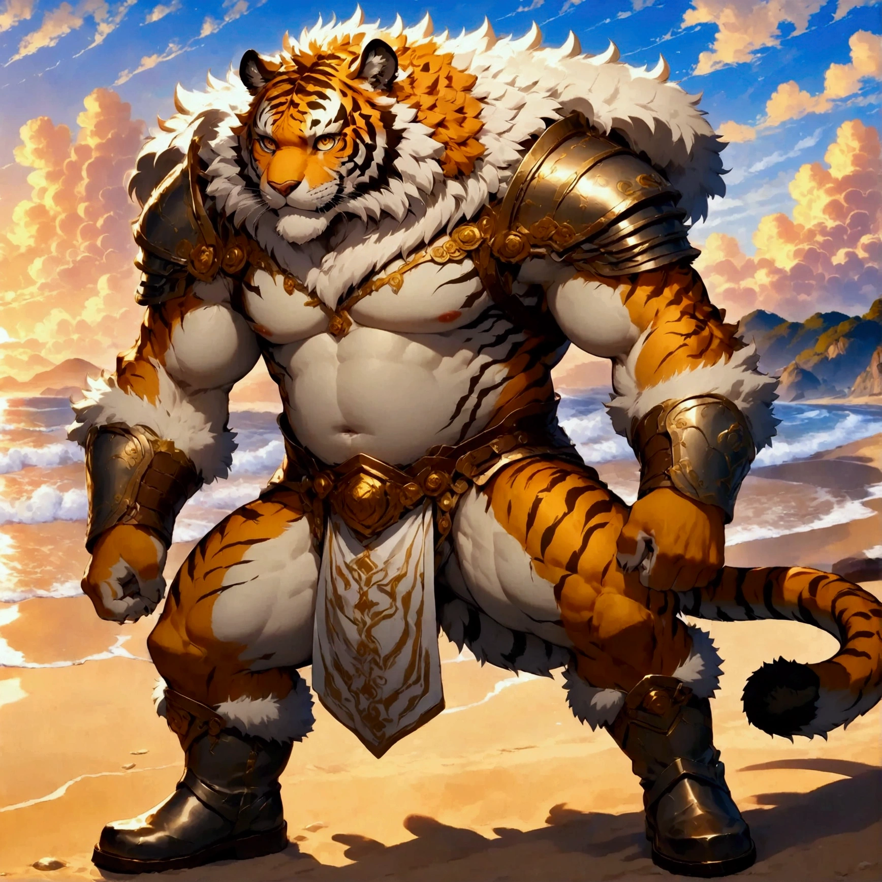 character focus, full body, looking away, various angle, european fantasy, a plump middle-aged tiger man, clothed, heroic costume, full armor, pants, dynamic pose, BREAK complete anatomy, perfect proportions, beautiful thigh gap, fluffy body, intricate fur details, beautiful fur texture, BREAK a detailed tiger tail, detailed boots, detailed foot, detailed hands, 5fingers, 5fingers nails, BREAK aesthetic anime face, insanity detailed face, male face, big face, square jawline, aesthetic anime eyes, detailed brown eyes, detailed brown cornea, detailed dark brown irises, detailed pupils, male eyes, big eyes, male eyebrows, innocent look, beautiful beard, BREAK full body in Michelangelo Buonarroti style, digital illustration anime, housamo style, detailed painting landscape, beach, path, outdoor, full color, HDR, BREAK masterpiece, official art, best quality, very aesthetic, absurdres, super fine illustration, great quality, BREAK noise reduction, very highres, large filesize, high quality, 32K, 8k wallpaper, dynamic lighting, BREAK insanity detailed, ultra detailed, intricate details, extremely detailed, detailed texture, an extremely delicate and beautiful, BREAK osukemo, e621 illustration, Fur Affinity illustration, kemohomo, anthropomorphic, furry, cartoon, harmonious body, pastoral face, virtuous eyes, epic atmosphere