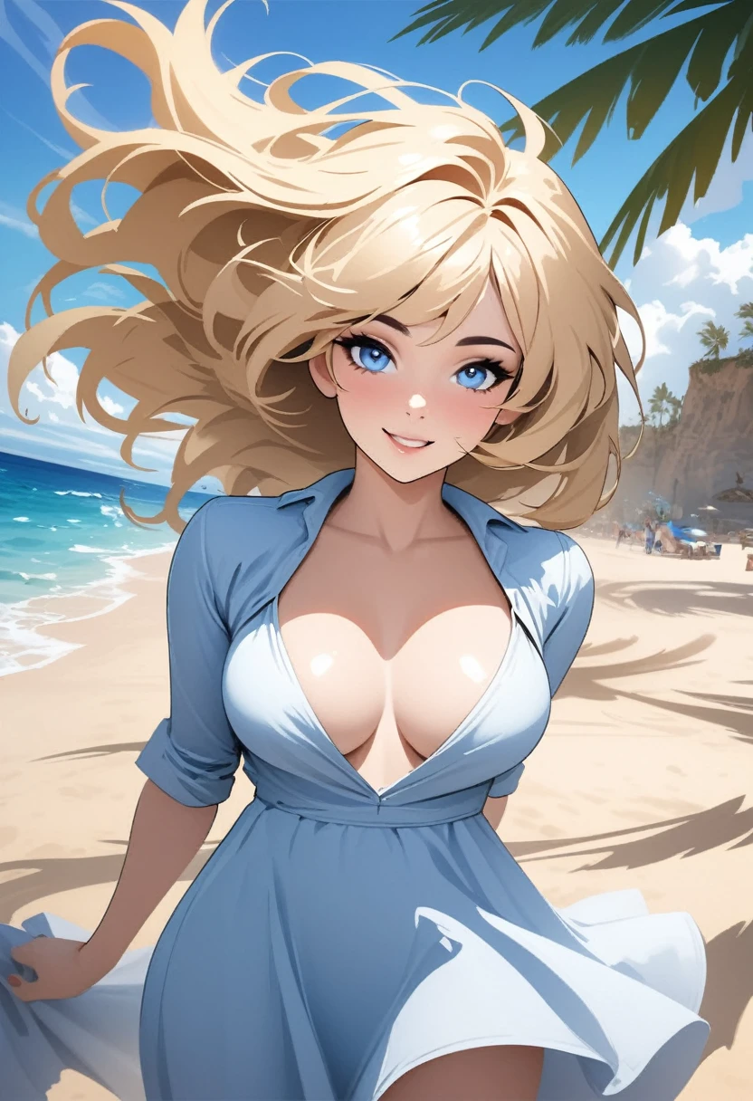 beautfull woman, Blonde hair in the wind, shining blue eyes, realisitic, work of art, highy detailed, 4K, beach background, highy detailed light, small smiling, Caucasian skin