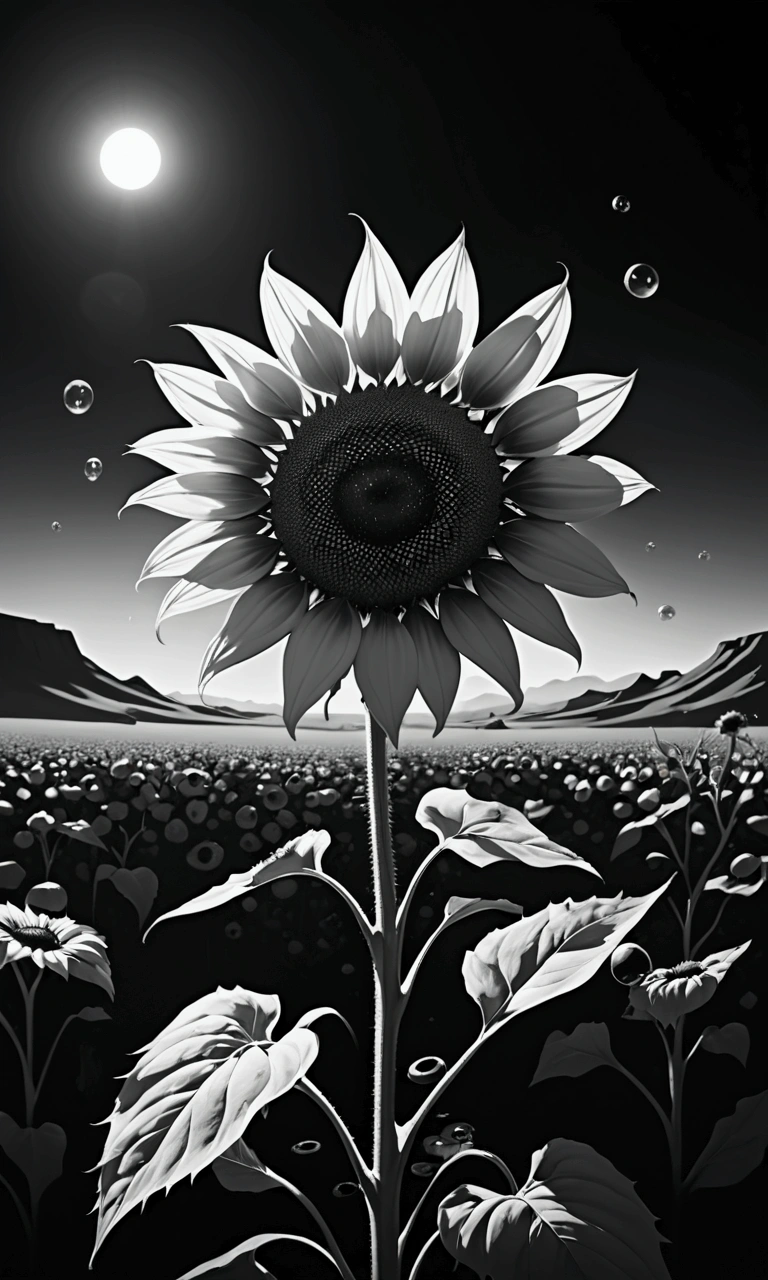 Monochrome painting、people are missing、masterpiece,  A single wilted sunflower  ,   is blooming in the desert dead  、Eye in the center   、Photo of  、, It looks no good , Dark Background、deep sea, high quality,    high resolution model  ,   high quality, The End, Artistic,   looks up, wide shot, Shot from ground level, Bubble effect, 