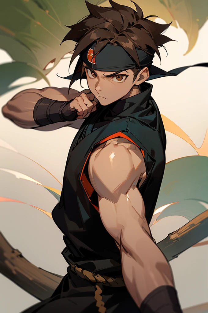 Male, Young Adult, Black skin color, Ninja Clothing, Clould village chunin vest, Ninja headband, Brown eyes, standing on a tree, Serious expression, messy brown hair, Ninja mask.