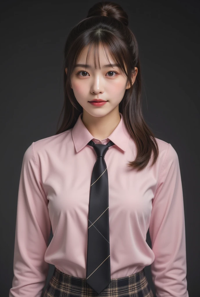 ( a work that can be safely viewed at work :2.0),  Beautiful Japanese Woman ,  supermodel ,  photorealistic ,  very realistic pictures, Realistic, Perfect composition, Proper placement, Women&#39;s photos:1.331,Wear a line pattern tie :1.331,  pink button up shirt,  Plaid Skirt , Brown Hair,  chignon hair:1.331,  Anatomically Correct Proportions :1.331,  small head :1.331, Slender body:1.331,  Thin Waist:1.331, Thin limbs:1.331,  flat chest:1.331, Brown Hair,  BOB CUT HAIR:1.331,  clear eyebrows on the rails :1.331, Detailed face,  white skin:1.21, Fine skin, With a simple background,  Ray Tracing,  dynamic cinematic lighting ,