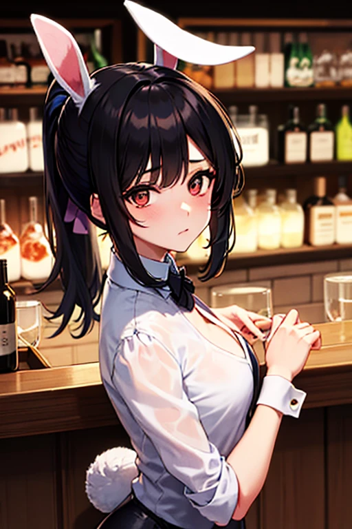 Talking to a bunny girl with long black hair and wearing plain, expressionless tights that completely conceals one eye at a bar counter at night, and a bunny girl with heavy bangs, short black hair, ponytail, and a dreamy face