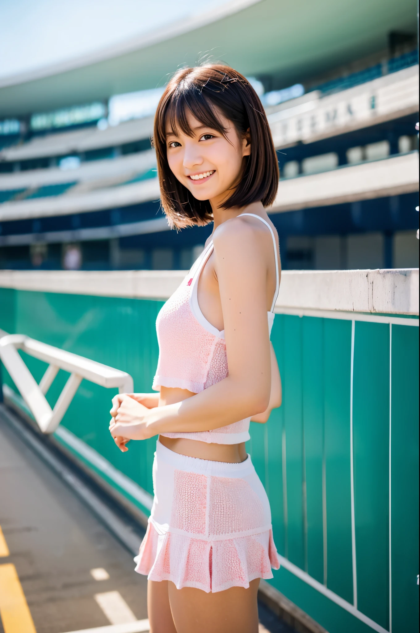 （8k、Raw photography、Highest quality、masterpiece：1.2),(Black Hair、Dark Eyes:1.9),(:1.7)、View your audience,Viewed from the front,White skin,(:1.4)、(Tight waist:1.6)、(Clothes that accentuate the shape of the breasts:1.4)、(Big Breasts :1.6)、Slim figure、Ultra-high resolution,beautiful,beautiful fece,(One person、No background:1.9),whole bodyボディー,Japanese women,（reality的：1.37）、Photon Mapping,reality、(Baby-faced and cute: 1.4)、(Cute Smile: 1.8)、(Round face: 1.8)、Radio City、Physically Based Rendering、Depth of field rally background、photograph, (I can see your knees、Thigh close-up:1.8),（:1.6）,whole body、Great quality