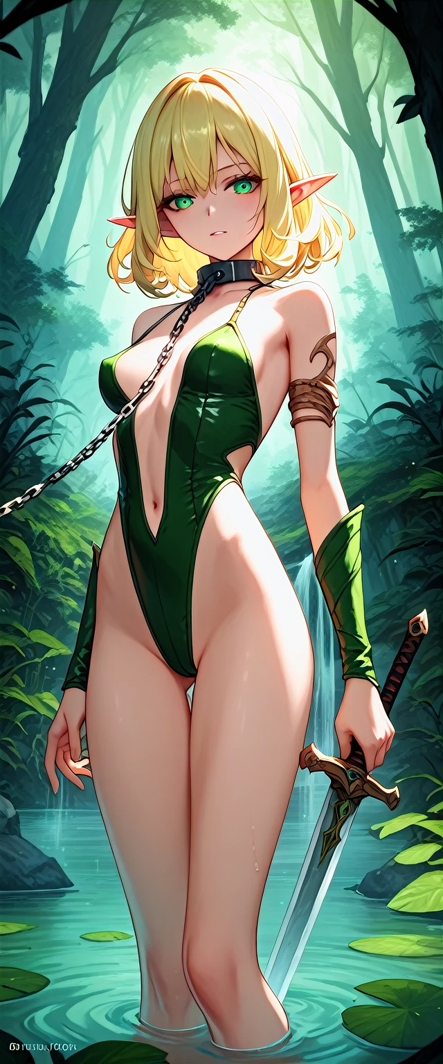 rpg, mucus,  Smooth leather ,   erotic pose, cut out,    High School of the Dead   , 4K,  , topic, elf,  blonde, the forest, green revealing outfit,  long 
disheveled hair, waist-deep in the swamp , a swordница, an adventurer, a sword, sweet girl, teenager,  neck collar, chain leash 