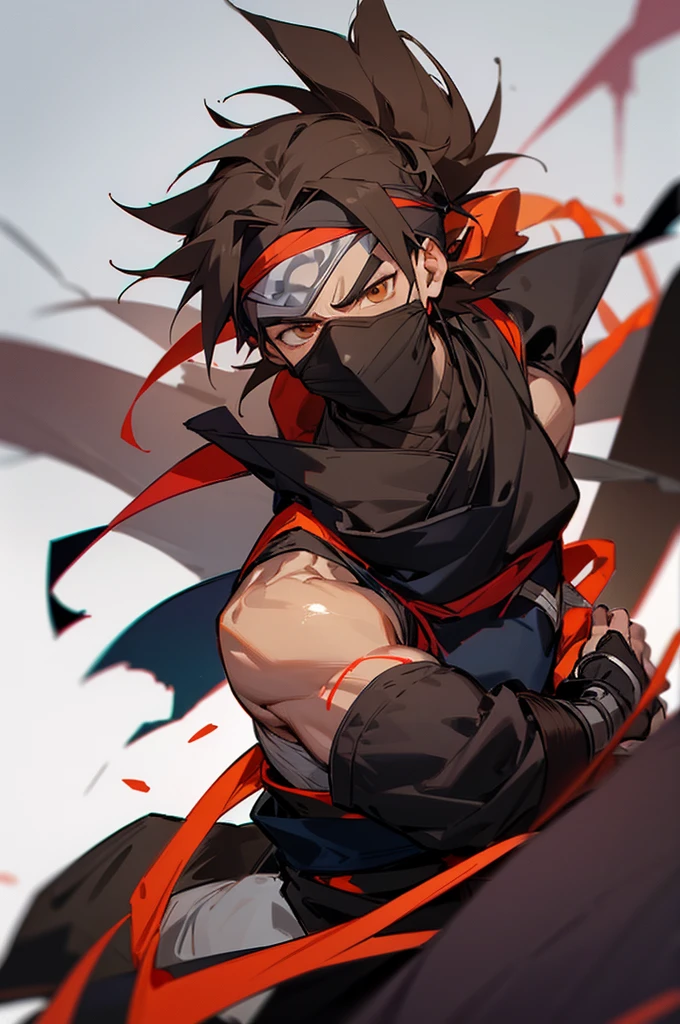 Male, Young Adult, Black skin color, Ninja Clothing with mask, Clould village chunin vest, Ninja headband, Brown eyes, , Serious expression, messy brown hair, Kakashi mask.