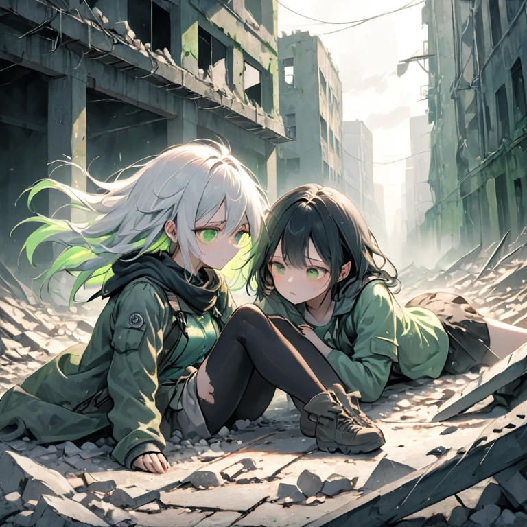 illustration, best quality, pastel,green theme color,2girls, one with long white hair, the other with black hair, lying on rubble-strewn ground, wounded and exhausted, somber and intense expressions, holding each other close, post-apocalyptic ruined cityscape, dim and dramatic lighting, beams of light breaking through clouds, dark and gritty atmosphere, sense of despair and resilience