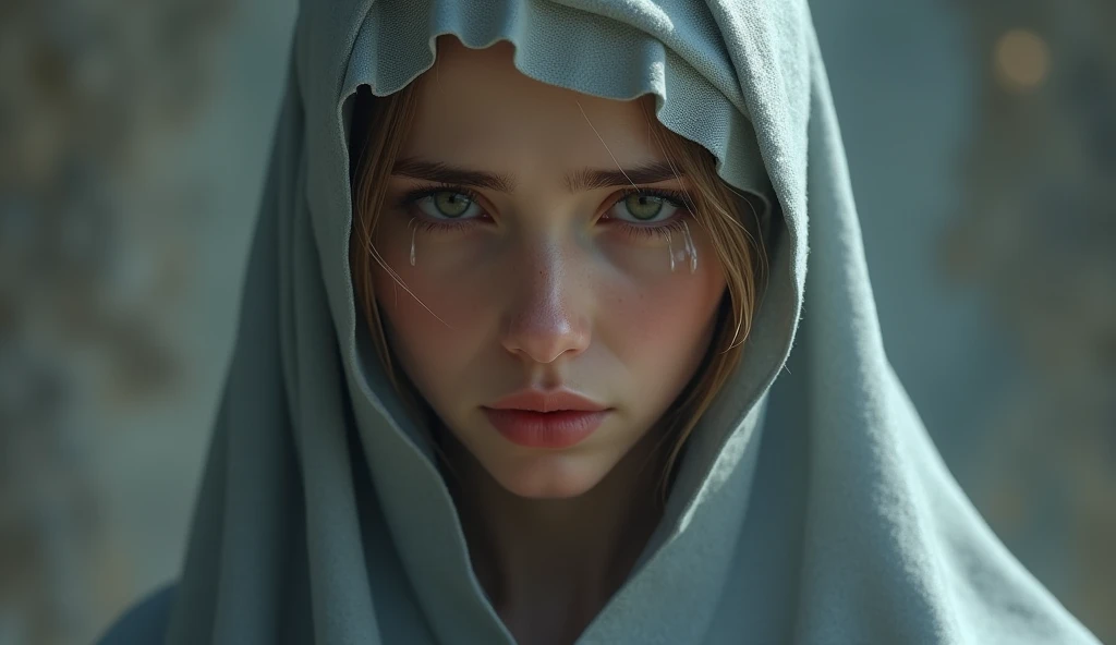 In a quiet and serene pose , Maria is portrayed with tears in her eyes ...