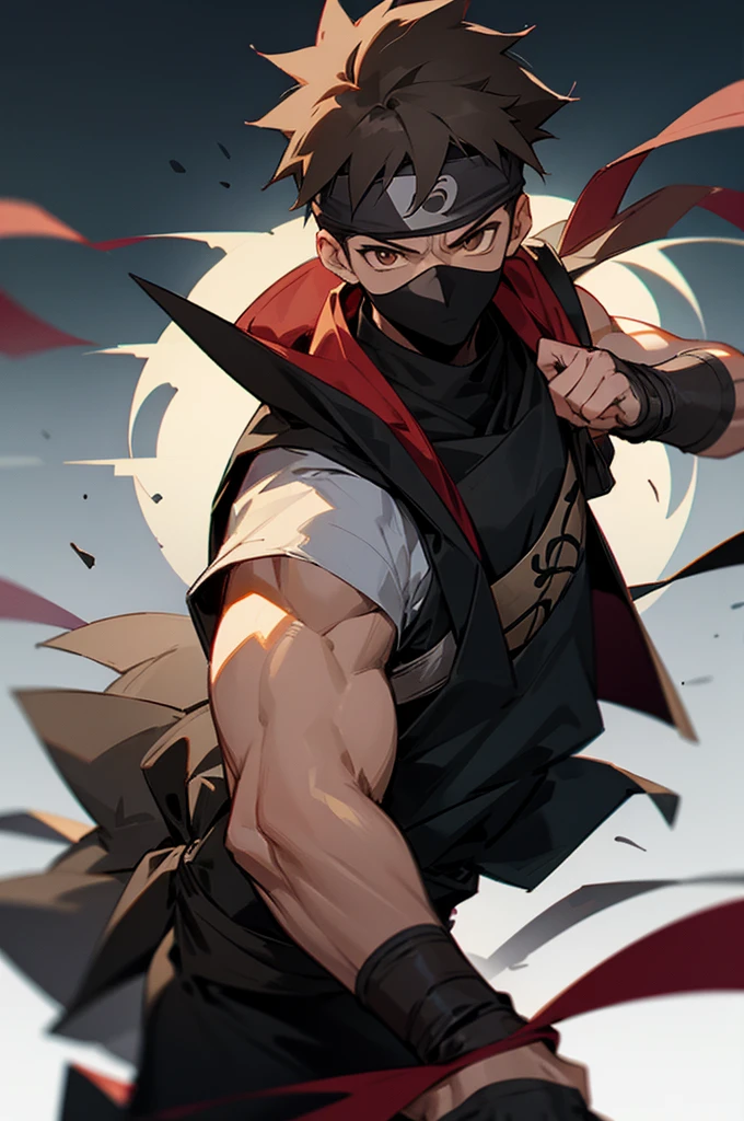 Male,  Adult, Black skin color, Ninja Clothing with mask, Clould village chunin vest, Ninja headband, Brown eyes, , Serious expression, messy brown hair, Kakashi mask.