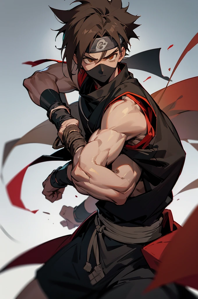 
Male,  Adult, Black skin color, Ninja Clothing with mask, Clould village chunin vest, Ninja headband, Brown eyes, Serious expression, messy brown hair, Kakashi mask.