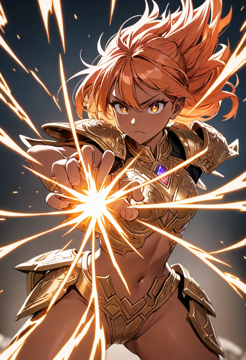 masterpiece,best quality,high resolution,ultra sharp focus,Cinematic Lighting, ethereal light,8k,young woman,powerful, dynamic, astral energy, intense light, action pose, strong beams of white and gold, energetic aura, sparks flying, cosmic explosion effects, medium-length, spiky, fiery orange hair, with gold highlights, glowing amber eyes, intense, radiant sparks around, tan skin, with metallic sheen, fitted armor, celestial motifs, constellation patterns, star-shaped shoulder guards
