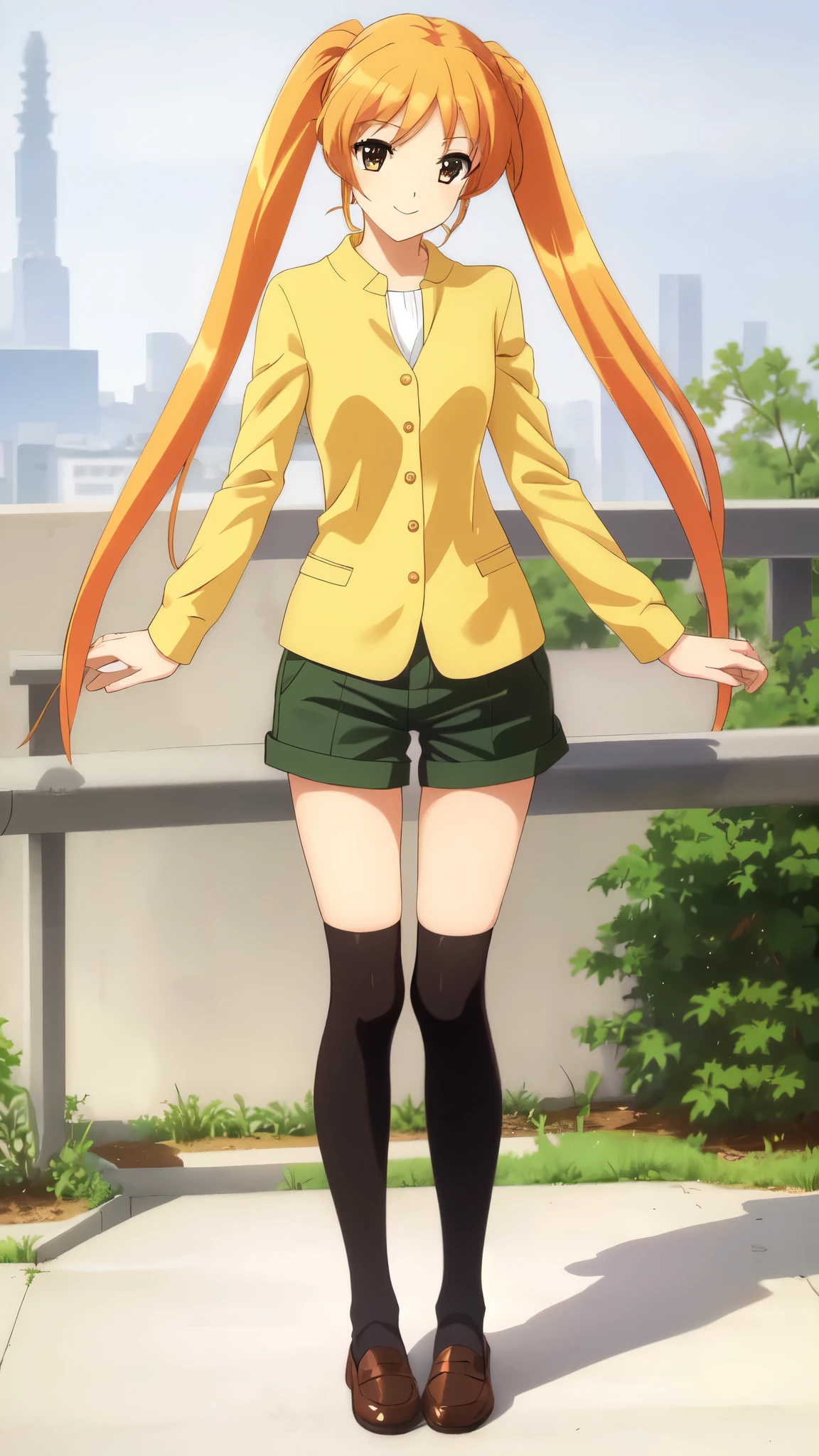 line7.5, anime style, orange hair1:4, break high bridge1:6, BREAK super straight hair, BREAK black knee-high socks1:4 BREAK smile, BREAK long side twin tails1:6,BREAK yellow string bow1:2 break dark green shorts1:3, loafers1:2, standing, (best quality,4k,8k,highres,masterpiece:1.2),ultra-detailed,(realistic,photorealistic,photo-realistic:1.37),detailed face, detailed eyes, detailed lips, long eyelashes, extremely detailed facial features