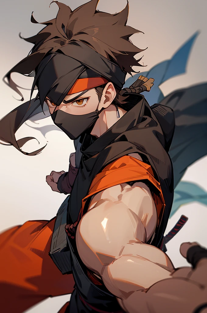 Male,  Black skin color, Ninja Clothing with mask, Clould village chunin vest, Ninja headband, Brown eyes, Serious expression, messy brown hair, Kakashi mask.