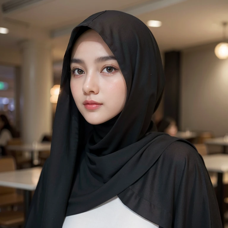 Best quality, Masterpiece, Very high accuracy, Hijab, black Hijab, Casual outfit, Medium close shot, Looking at the viewer,