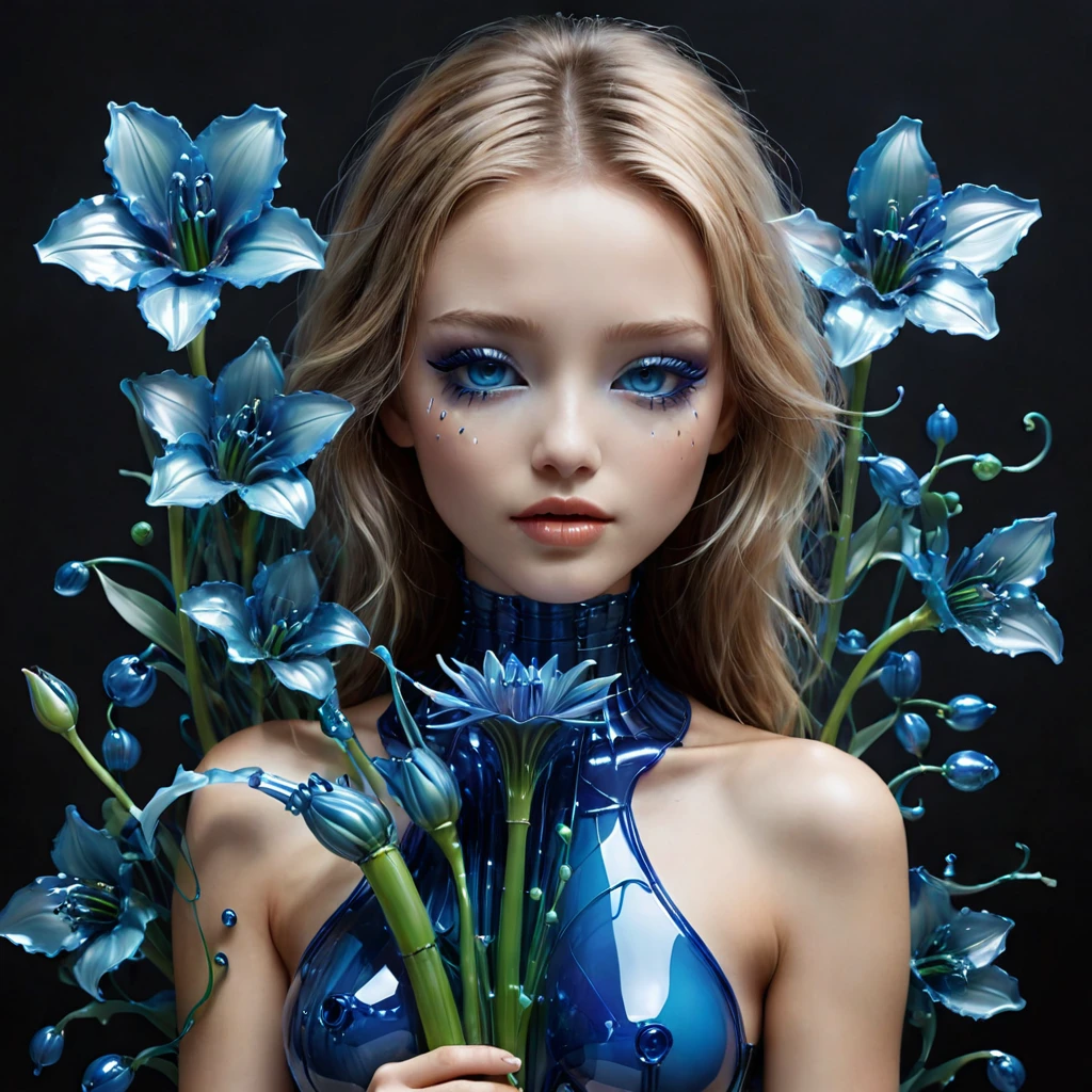  high definition ,  high quality, masterpiece. Hyperrealism. 35award winner .  Glass sculpture ,  reminiscent of Dale Chihuly's style ,  Captured in essence photos by Patrick Demarchelier ,  depicting an android girl with a disproportionately large size,  Dragonfly eyes ,  holding a dark blue neon lily of the valley made of acrylic and metal ,  Glass flowers in the hands ,  Surreal atmosphere ,  filled with love themes ,  hugs of affection ,  hyperrealistic interpretation , resolution 32k, , ultra high definition,  rich in bright colors ,  pen and ink accuracy ,  optimal composition 