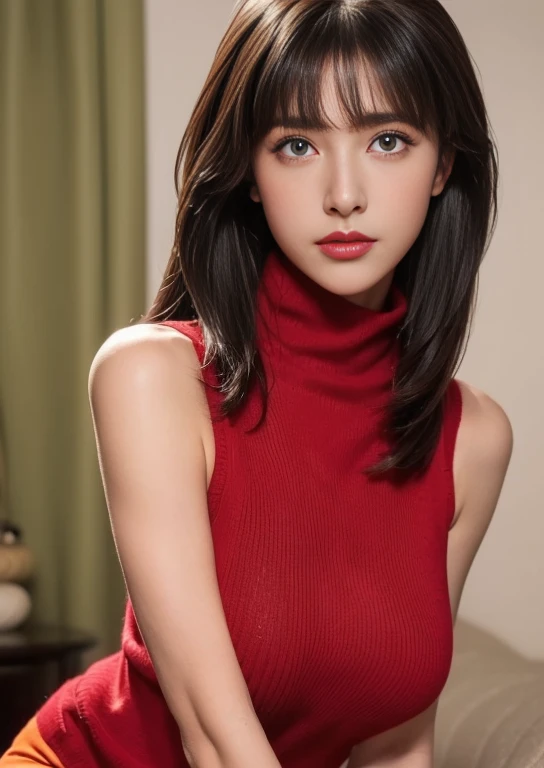 ( cute girl:1.3), (( wearing a red sleeveless turtleneck sweater:1.3)), ( white pleated mini skirt ), (Knee-high boots), ( Big Breasts , Tight Abs ), ( firm chest:1.2), Beautiful clavicle, (( asymmetrical bangs :1.2)), 1 girl、22years old.Small waist、Delicate body、(Best Quality、Attention to detail、rich skin detail)、Very detailed、(Realistic、Realistic:1.37)、Bright colors、Height: 168cm (( Bust 88 cm f-Cup )) (Waist 61cm hips 88cm),Beautiful eyes. beautiful legs, high resolution. Red lips. ,big ass,wear (( natural big and soft breasts ))(deep mascara, green eyeliner.)..((deep eye shadow)) red lips..(Hands free. )(full body) (Brown eyes) .my room. relax.