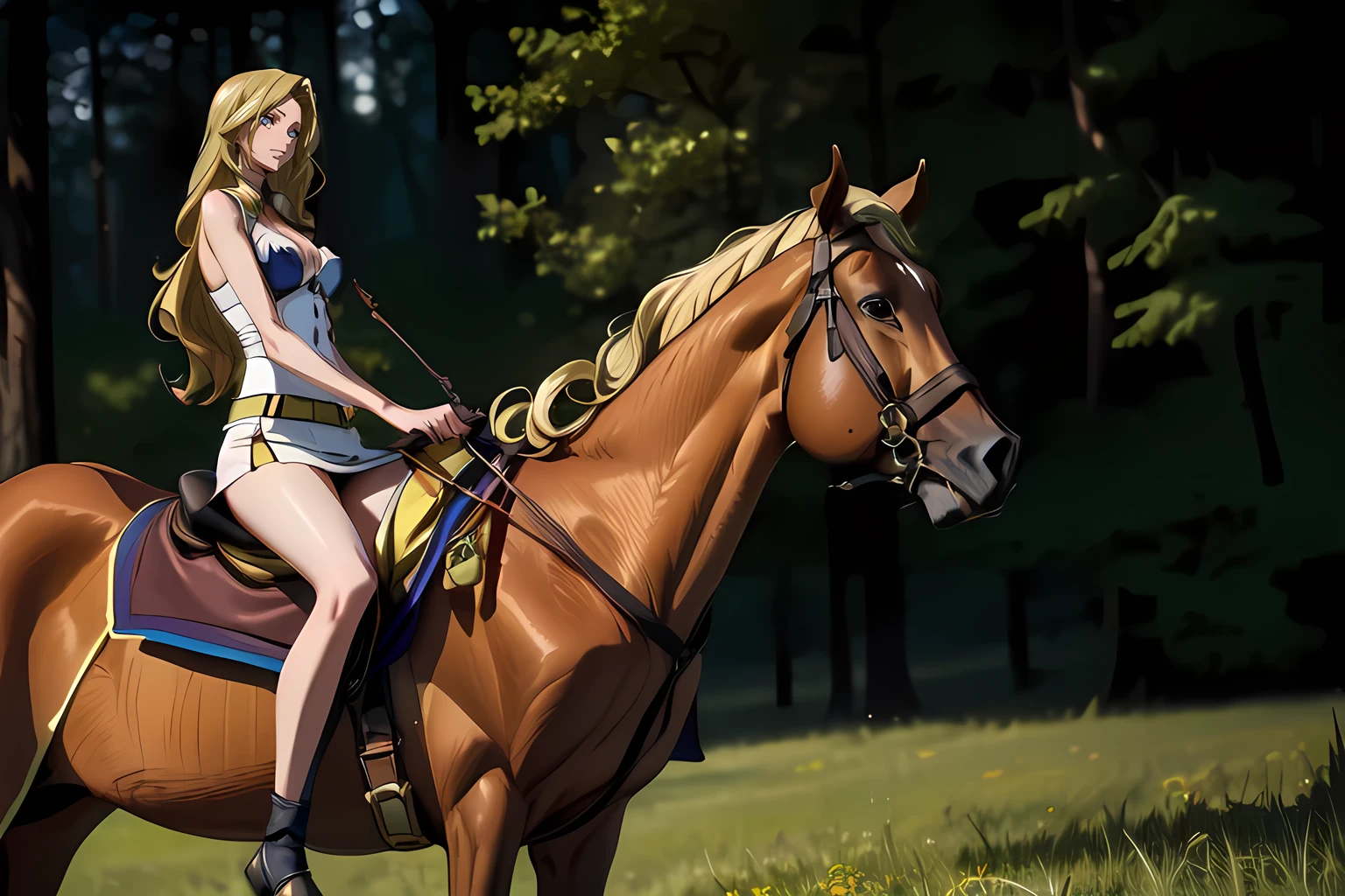 ((best quality)), ((masterpiece)), (high detailed), 8k, codeGeass, cinematic lighting, perfect face, large breast, cleavage, milly ashford riding a HORSE, (milly ashford, long hair, {blonde hair}, brown eyes), (one piece sleeveless miniskirt), (brown horse, saddle, reins, bridle, stirups), solo, in the grassland, both hand holding rein, from side: 1.2, anatomically correct 