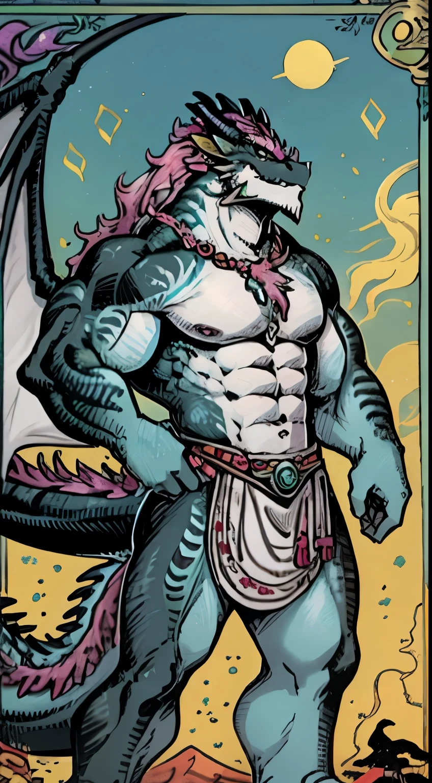 tarot card, majestic furry (muscular furry black and blue eastern dragon) standing with astrological sign, an anthro, anthromorbic, zodiac, dragon zodiac background, mistic