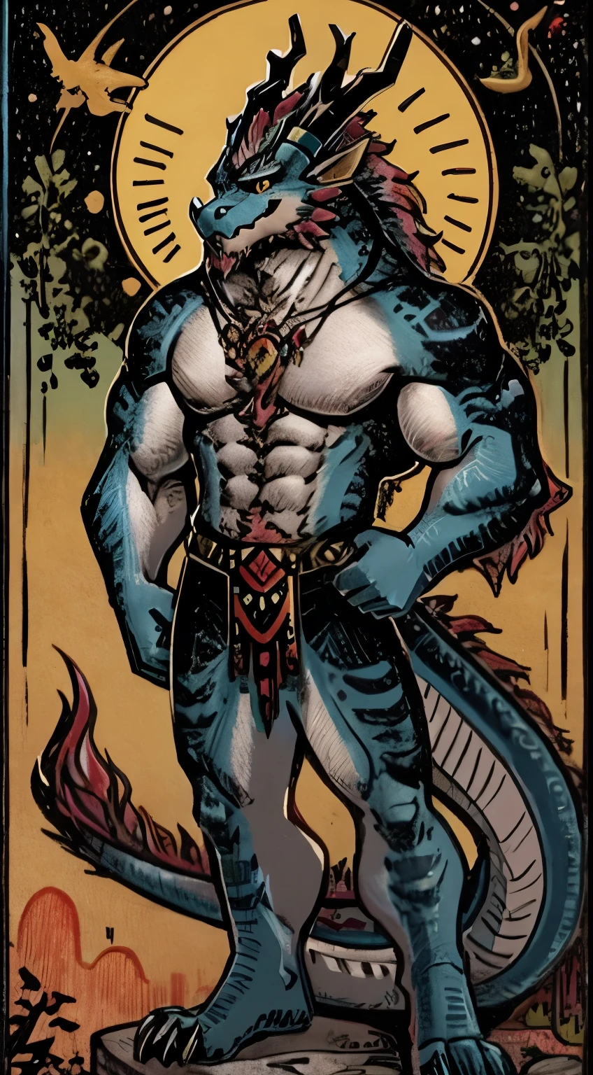 tarot card, majestic furry (muscular furry black and blue eastern dragon) standing with astrological sign, an anthro, anthromorbic, zodiac, dragon zodiac background, mistic