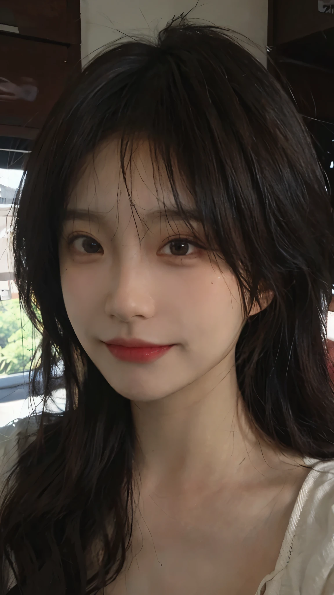best quality ,超高分辨率, a girl ,Naughty expression, exquisite makeup ,Oval face,( beautiful teardrop :1.4),sunshine background,(Realism:1.4),cute cotton coat,Cute hairpin, 1 girl at home,Slender Beauty:1.4,( brown hair ,Mid-chest:1.3),Super delicate face, Delicate eyes ,Double eyelids, faint smile ,
