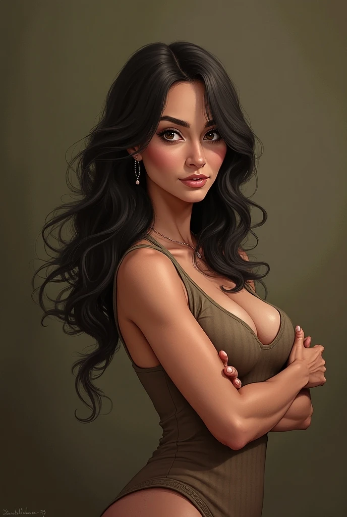 Imagine a woman with a curvy figure that stands out for her elegance and sensuality.. She has a face with delicate features, with bright eyes and a charming smile that reflects warmth and friendliness. Her hair is long and flowing, falling in natural waves that frame her face in a sophisticated way. She wears a dress that accentuates her curves, including her prominent bust, while maintaining an elegant and refined style. Her posture is confident and attractive, Transmitting both confidence and grace.