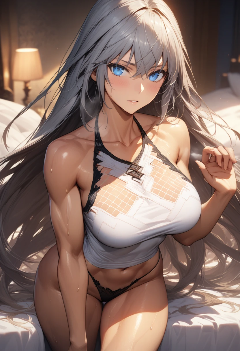 masterpiece,best quality,high resolution,8k,ultra HD,wallpaper,illustration,perfect face,cowboy shot,beautiful detailed eyes,extremely detailed face,perfect lighting,extremely detailed CG,perfect anatomy,perfect body,perfect hands,perfect fingers,1woman,full body,,muscle fighter body,(cream long hair:1.2),blue eyes,large breasts,Medium ass,,(white bura),black thong,clothed,,collarbone,,looking at viewer,(),Steam,sweat, on the bed,(Fate Grand Order character Zenobia),adult,