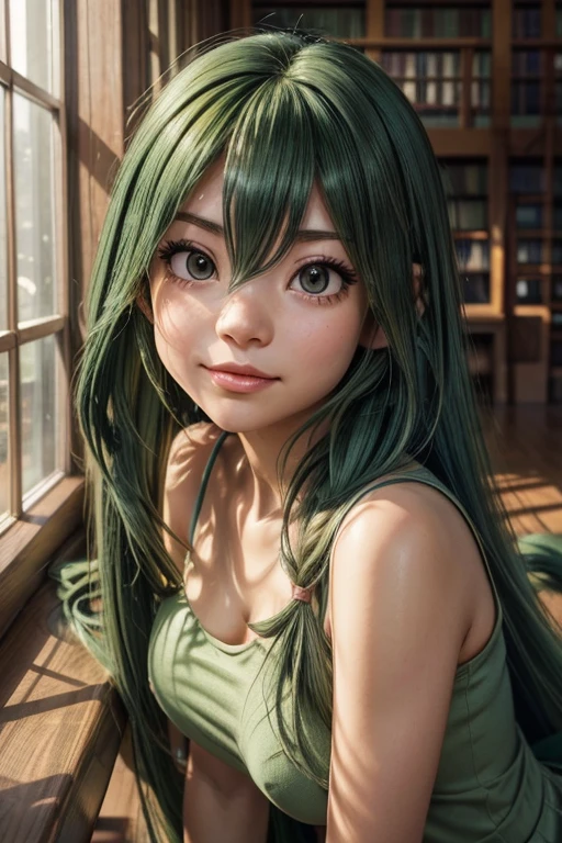 Close-up low angle perspective. A fixed 50mm lens to create a natural perspective and subtle depth of field. (Tsuyu, a beautiful young woman leaning against the banister of a library staircase. Soft, warm lighting, vibrant colors, {sunbeams through the windows casting soft shadows}. ((Tsuyu with long green hair and long eyelashes):1.1)) , {average breasts}, (((we're looking at yours))). Look at the viewer; Wearing a loose medium-cut t-shirt, ((Under the breasts)), micro miniskirt. Pose in motion, Physics-based rendering. Subtle, warm shadows should be cast. Highly detailed, showing individual hair strands, the intricate texture, and the emotions on the face. Detailed facial features and delicate skin with perfect anatomy. Exceptional art, Professional digital art, Hyperrealistic, Photorealistic anime, Masterpiece, Best quality, 8k