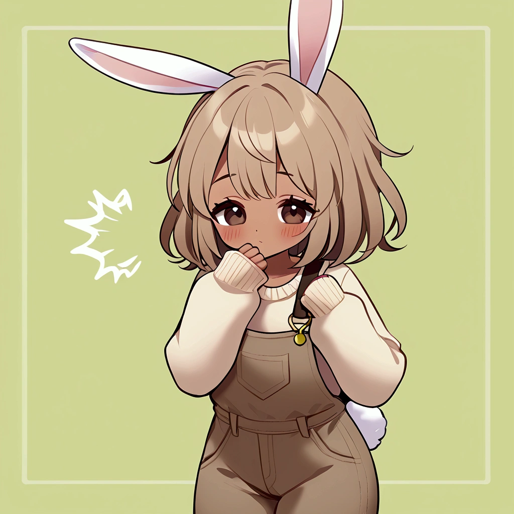 Solo, boy, 4'8 height, feminine body, ((otoko no ko)), Kemonomimi, human, tan skin, tan skin colored, skin colored, light brown bunny ears, light brown bunny puffy tail, Messy puffy medium short light brown hair, dark brown eyes, flat chests, blushes, blonde sweater, long large sleeves, brown overalls, brown overalls pants, brown boots, cute happy shy expression, mouth closed, 