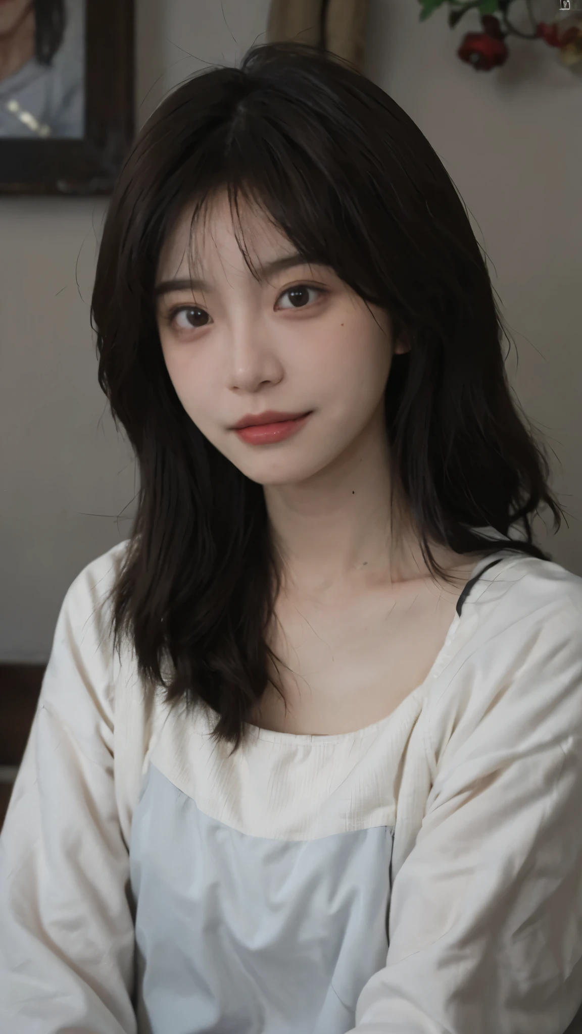 best quality ,超高分辨率, a girl ,Naughty expression, exquisite makeup ,Oval face,( beautiful teardrop :1.4),sunshine background,(Realism:1.4),cute cotton coat,Cute hairpin, 1 girl at home,Slender Beauty:1.4,( brown hair ,Mid-chest:1.3),Super delicate face, Delicate eyes ,Double eyelids, faint smile ,