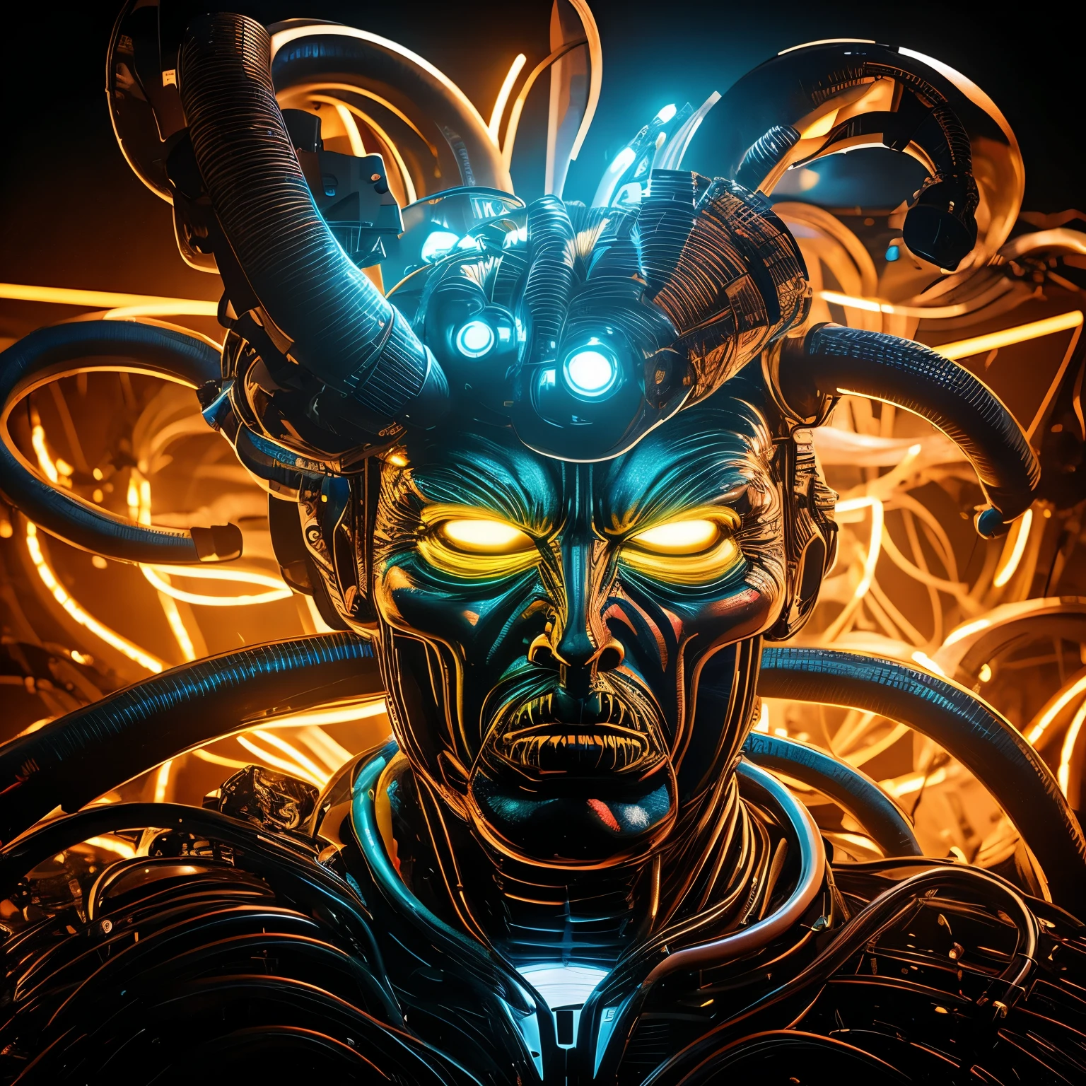 3D rendering of a visually stunning and surreal artwork. Donald Trump’s face is transformed into a monstrous alien identity. The face and ears are adorned with technological components such as transistors, resistors, diodes and capacitors. The neon-like oil paint strokes mimic the glow of real circuits, creating a futuristic aura. This piece invites viewers to contemplate the symbiotic relationship between biology and technology.