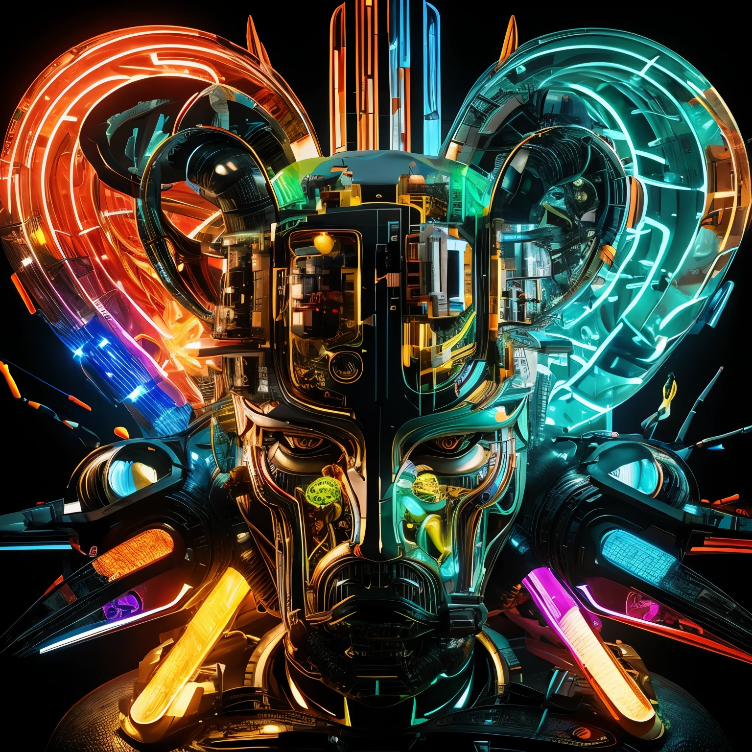 3D rendering of a visually stunning and surreal artwork. Donald Trump’s face is transformed into a monstrous alien identity. The face and ears are adorned with technological components such as transistors, resistors, diodes and capacitors. The neon-like oil paint strokes mimic the glow of real circuits, creating a futuristic aura. This piece invites viewers to contemplate the symbiotic relationship between biology and technology.