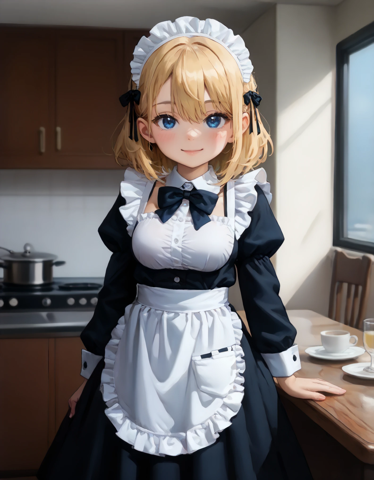 newest, masterpiece, best quality BREAK score_9, score_8_up, score_7_up, BREAK cute round face, slender, ultra detailed eyes, ultra detailed hair, ultra beautiful BREAK 1girl, solo, (classical maid:1.2), apron, blush, bow, bowtie, frilled apron, frills, long sleeves, maid, maid apron, maid headdress, waist apron, white apron, (maid costume, maid hair dress:1.3), long skirt, (holding skirt:-1), happy smile, closed mouth, standing, cowboy shot, looking at viewer, in cafeterrace, indoors, depth of field, ultra detailed background, medium large breasts, (cleavage:-1), (blonde hair, dark blue eyes), medium hair, hair between eyes