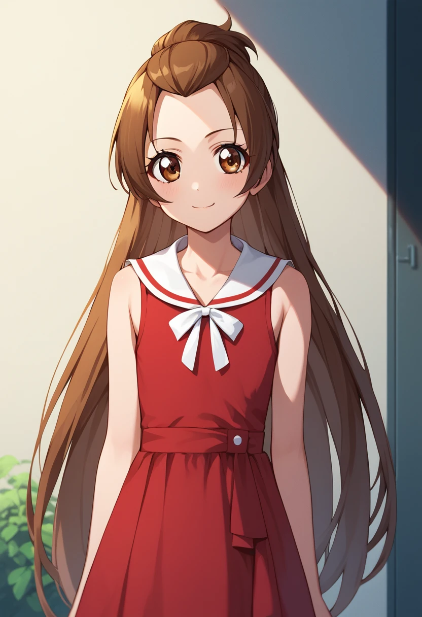 score_9, score_8_up, score_7_up, flat chested, source anime, anime colors, agurimadoka, 1girl, long hair, brown hair, dress, brown eyes, very long hair, sleeveless, sailor collar, red dress, half updo, white sailor collar, 