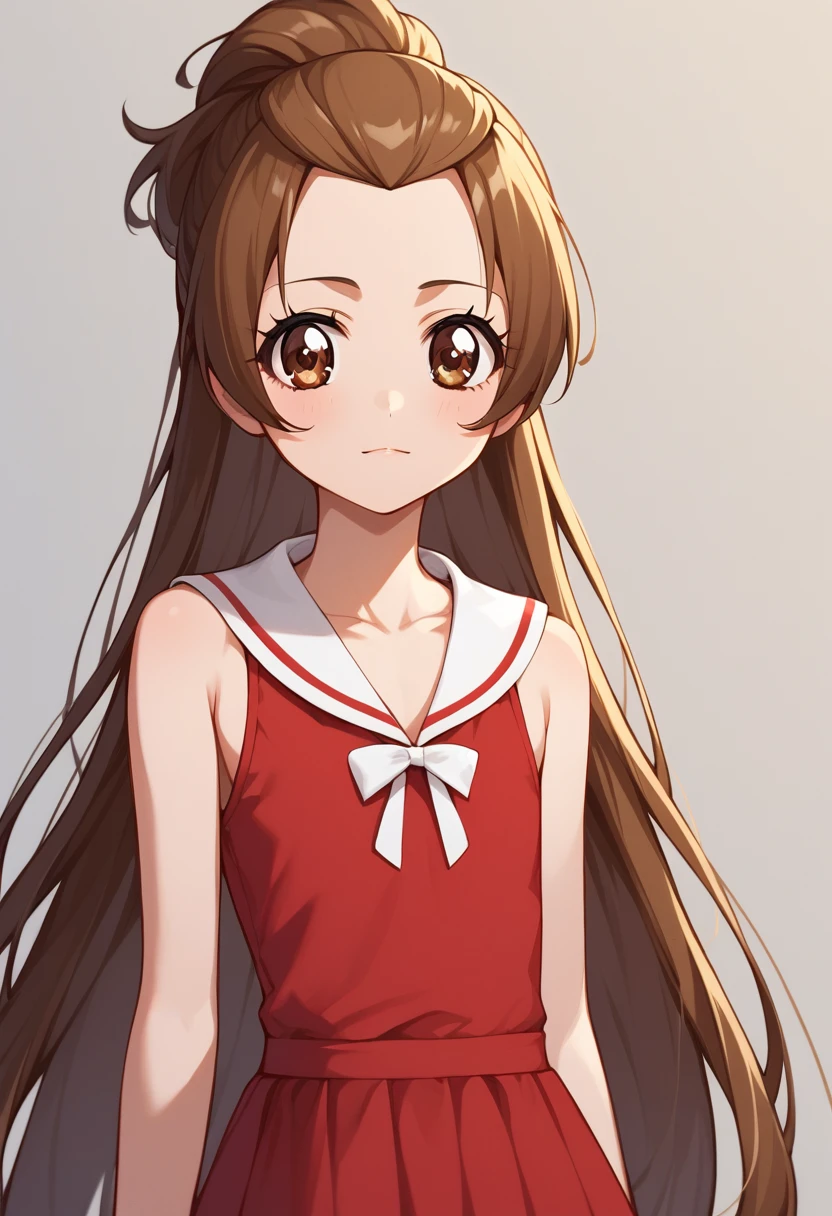 score_9, score_8_up, score_7_up, flat chested, source anime, anime colors, agurimadoka, 1girl, long hair, brown hair, dress, brown eyes, very long hair, sleeveless, sailor collar, red dress, half updo, white sailor collar, 