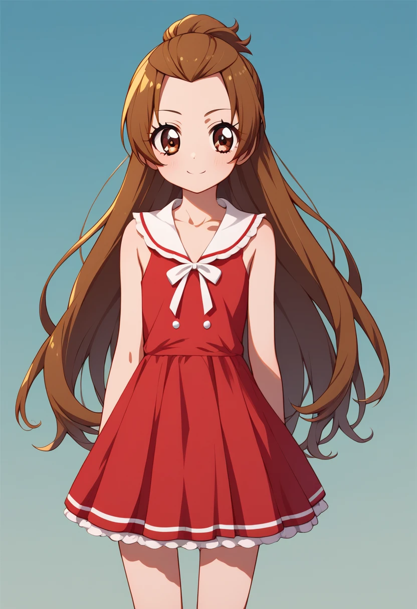 score_9, score_8_up, score_7_up, flat chested, source anime, anime colors, agurimadoka, 1girl, long hair, brown hair, dress, brown eyes, very long hair, sleeveless, sailor collar, red dress, half updo, white sailor collar, 