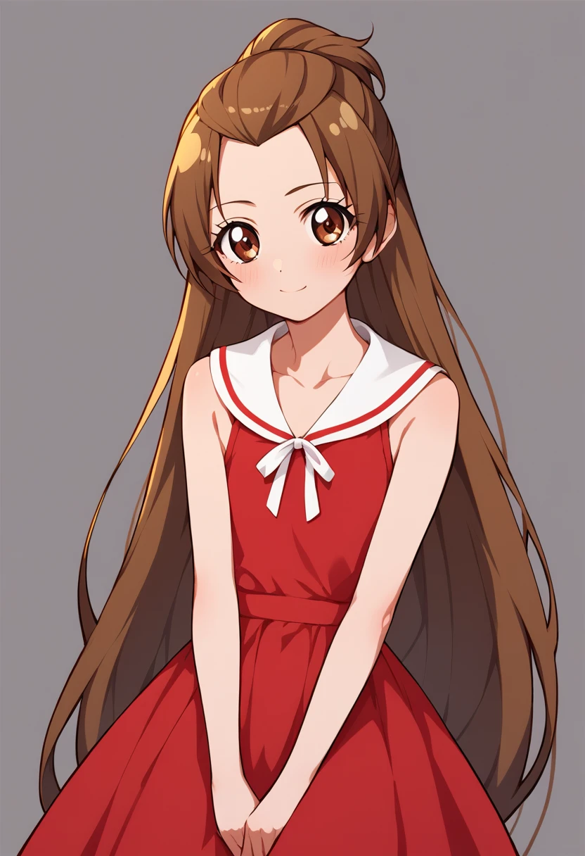 score_9, score_8_up, score_7_up, flat chested, source anime, anime colors, agurimadoka, 1girl, long hair, brown hair, dress, brown eyes, very long hair, sleeveless, sailor collar, red dress, half updo, white sailor collar, 