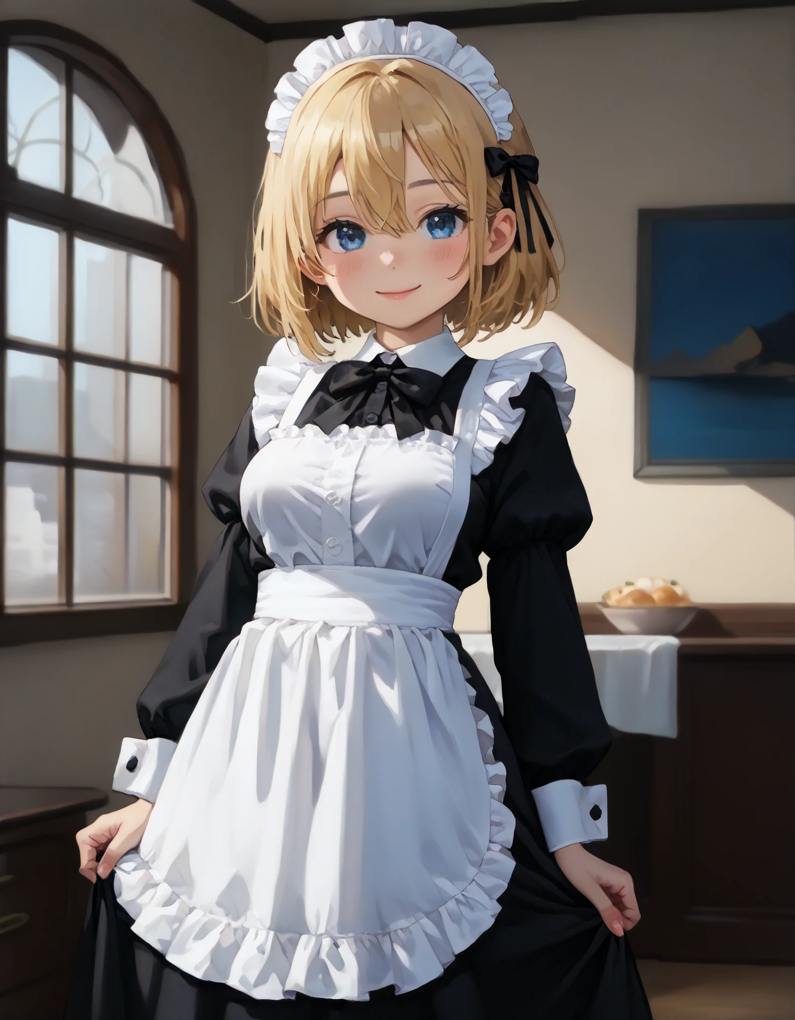 newest, masterpiece, best quality BREAK score_9, score_8_up, score_7_up, BREAK cute round face, slender, ultra detailed eyes, ultra detailed hair, ultra beautiful BREAK 1girl, solo, (classical maid:1.2), apron, blush, bow, bowtie, frilled apron, frills, long sleeves, maid, maid apron, maid headdress, waist apron, white apron, (maid costume, maid hair dress:1.3), long skirt, (holding skirt:-1), happy smile, closed mouth, standing, cowboy shot, looking at viewer, in cafeterrace, indoors, depth of field, ultra detailed background, medium large breasts, (cleavage:-1), (blonde hair, dark blue eyes), medium hair, hair between eyes