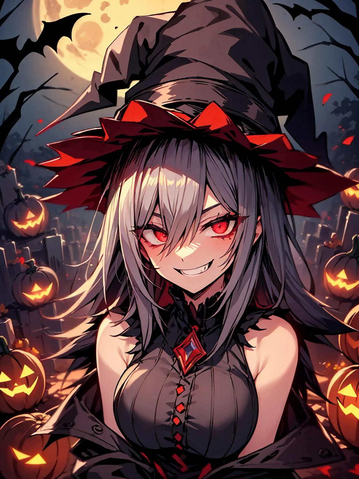  high resolution、Best Quality、8k、 perfect face、Alone、Grey Skin、(corruption)、Slanted Eyes、Crazy Eyes、 red eyes that glow in the dark、 black eyeshadow 、Hollow Eyes、Shadowy Face、Detailed lips、長いSilver Hair、Silver Hair、Large Breasts、 eyes that glow at night、Extremely tired goth woman 、Yandere face 、An eerie silhouette with condescending 、witch、 Crazy Evil Smile、 Wicked Expression 、Cemetery、Church Background、full moon、 Halloween 