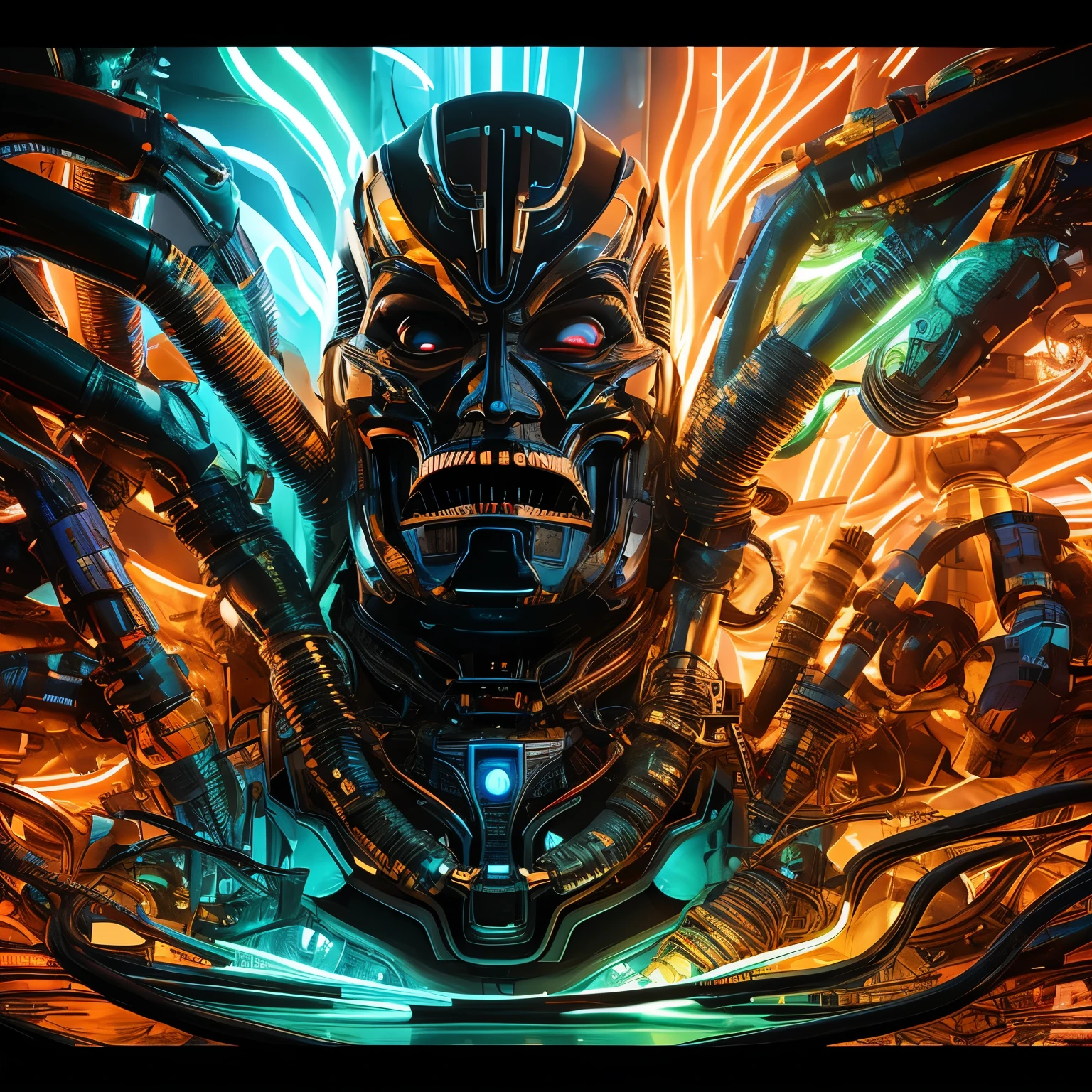 3D rendering of a visually stunning and surreal artwork. Donald Trump’s face is transformed into a monstrous alien identity. The face and ears are adorned with technological components such as transistors, resistors, diodes and capacitors. The neon-like oil paint strokes mimic the glow of real circuits, creating a futuristic aura. This piece invites viewers to contemplate the symbiotic relationship between biology and technology.