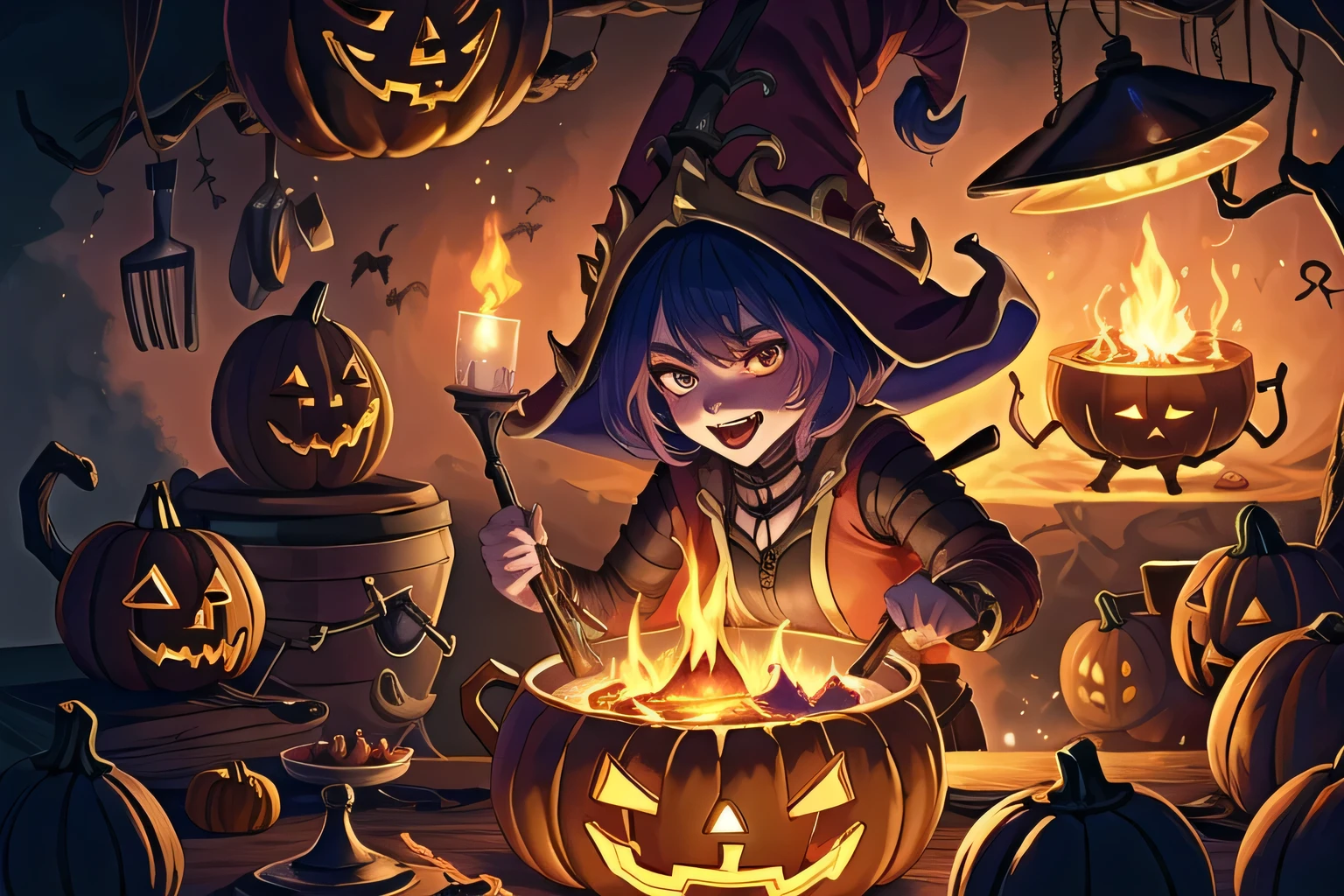 lulu do jogo league of legends,  in front of a cauldron,  with an evil face ,  Halloween scene , Macabre kitchen ,  cauldron in front , splash art, ultra detaild