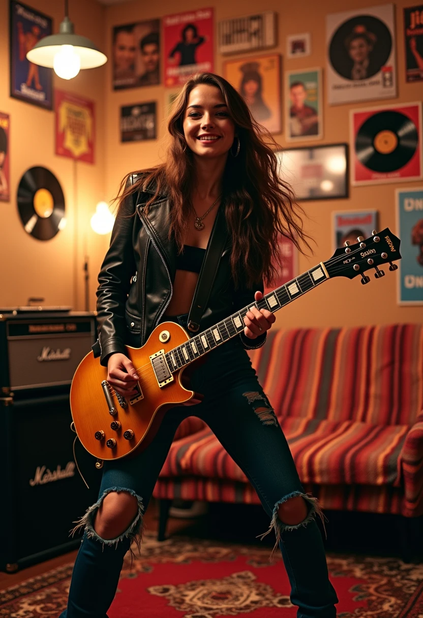 A young woman with long, flowing hair plays an electric guitar in a cozy, vintage-inspired setting. She wears a black leather jacket and ripped jeans, exuding a rock-and-roll vibe. Behind her, the wall is adorned with a collage of retro music posters and vinyl records, creating a nostalgic atmosphere. The colorful patterns of a woven blanket add to the eclectic décor, while amplifiers and instruments are subtly positioned in the background.