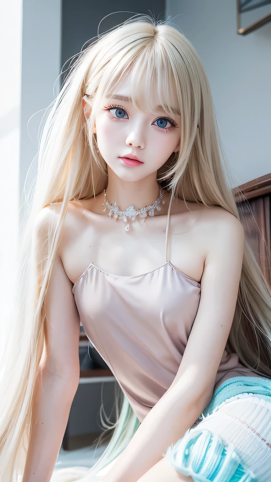 The most beautiful pretty cute faces、Russian beauty girl、bright expression、Very long and beautiful straight hair、half ponytail、Beautiful blonde hair shining golden、The most beautiful girl in the world、Sexy and cute beautiful 13 years old、Bangs swaying between the eyes、bright big pale blue eyes、snow-white shiny skin、shiny beautiful skin、dazzling gloss of cheeks、Transparent beautiful natural blonde silky soft hair、 whole body, leaning_forward, black_dress, garter_straps, petite, little, flat_chest, skinny,