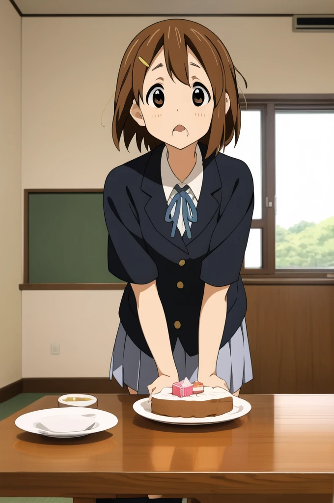 ((masterpiece)), hirasawa yui, 1girl, breasts, short body, short brown hair, sakuragaoka high school uniform, eating piece of cake, school indoors, complex background