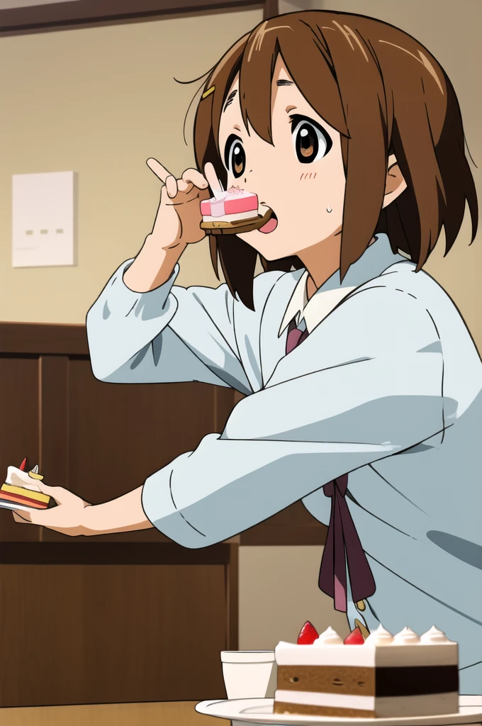 ((masterpiece)), hirasawa yui, 1girl, breasts, short body, short brown hair, sakuragaoka high school uniform, eating piece of cake, school indoors, complex background