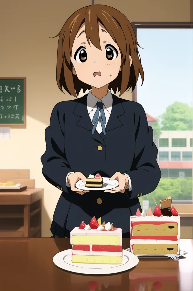 ((masterpiece)), hirasawa yui, 1girl, breasts, short body, short brown hair, sakuragaoka high school uniform, eating piece of cake, school indoors, complex background