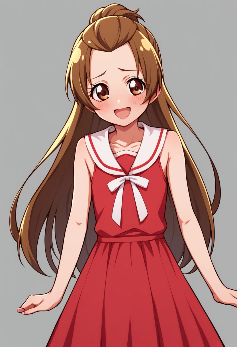 score_9, score_8_up, score_7_up, flat chested, source anime, anime colors, agurimadoka, 1girl, long hair, brown hair, dress, brown eyes, very long hair, sleeveless, sailor collar, red dress, half updo, white sailor collar, smile, open mouth, blush, shy, hands on back,