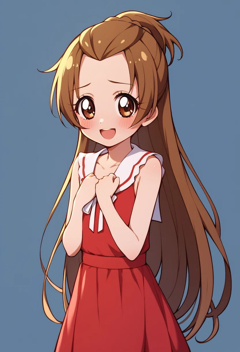 score_9, score_8_up, score_7_up, flat chested, source anime, anime colors, agurimadoka, 1girl, long hair, brown hair, dress, brown eyes, very long hair, sleeveless, sailor collar, red dress, half updo, white sailor collar, smile, open mouth, blush, shy, hands on back,